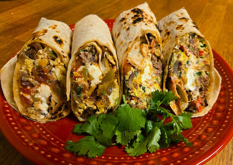 DAY 43: Breakfast burritos (with leftover hamburger grilled on Day 42)